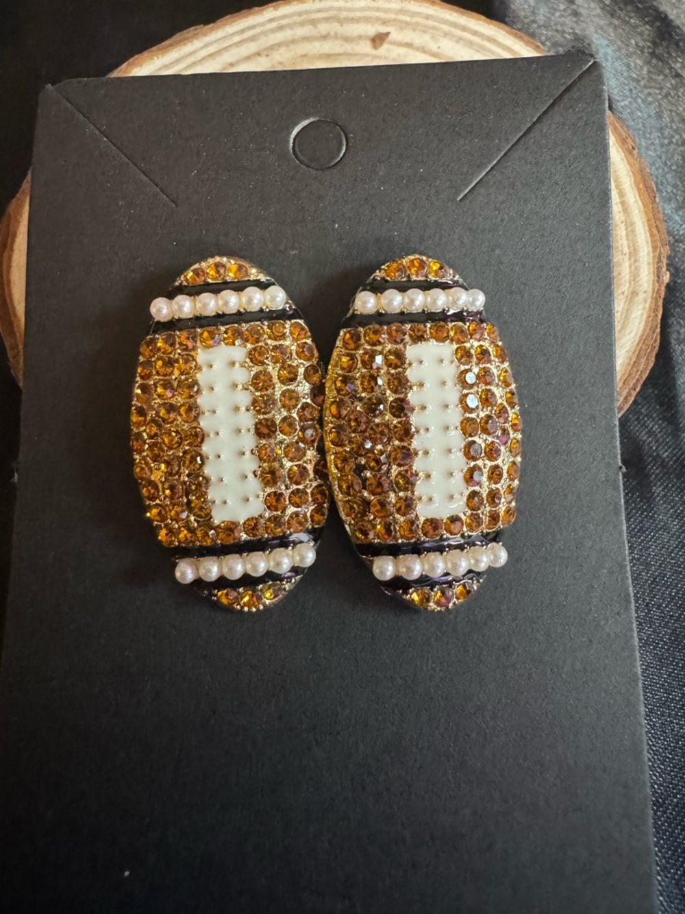 Gold and White Rhinestone Football Stud Earrings - Women Jewelry